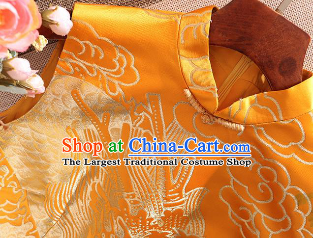 Chinese Traditional Tang Suit Golden Brocade Cheongsam National Costume Qipao Dress for Women