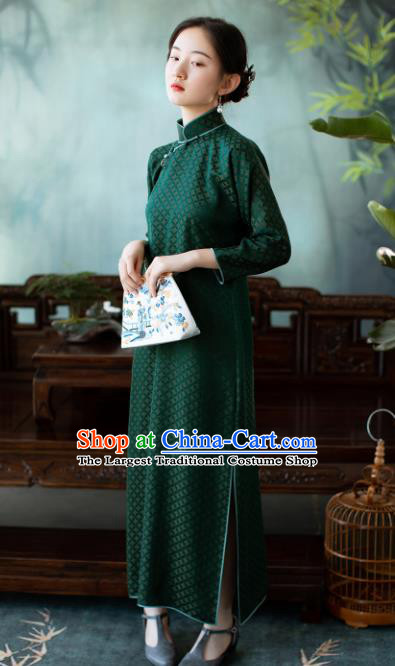 Traditional Chinese National Atrovirens Qipao Dress Tang Suit Cheongsam Costume for Women