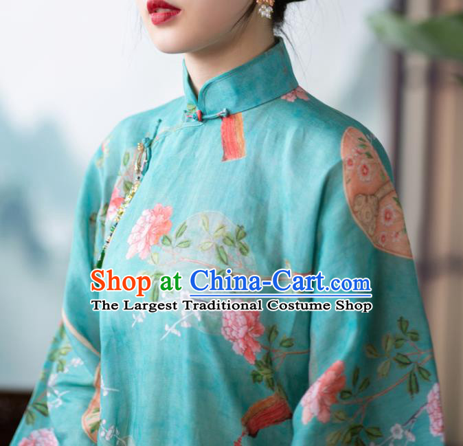 Traditional Chinese National Printing Peony Blue Flax Qipao Dress Tang Suit Cheongsam Costume for Women