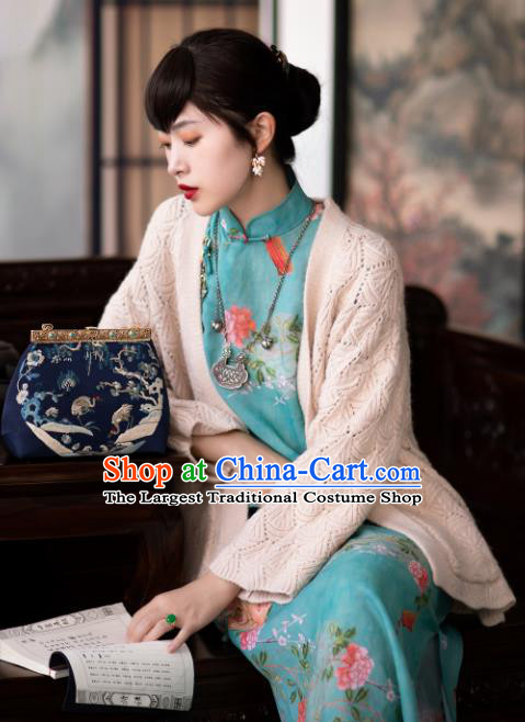 Traditional Chinese National Printing Peony Blue Flax Qipao Dress Tang Suit Cheongsam Costume for Women
