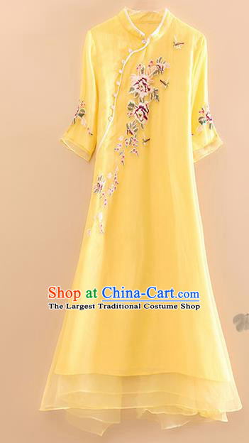 Traditional Chinese National Embroidered Peony Yellow Qipao Dress Tang Suit Cheongsam Costume for Women