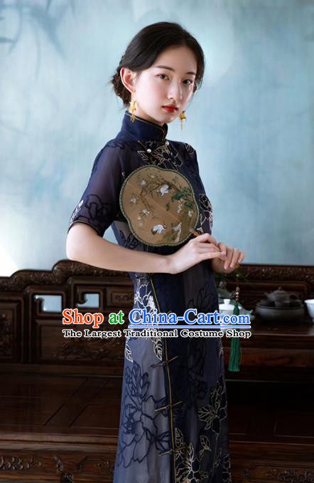 Traditional Chinese National Blue Velvet Qipao Dress Tang Suit Cheongsam Costume for Women