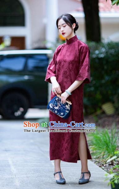 Traditional Chinese National Wine Red Brocade Qipao Dress Tang Suit Cheongsam Costume for Women