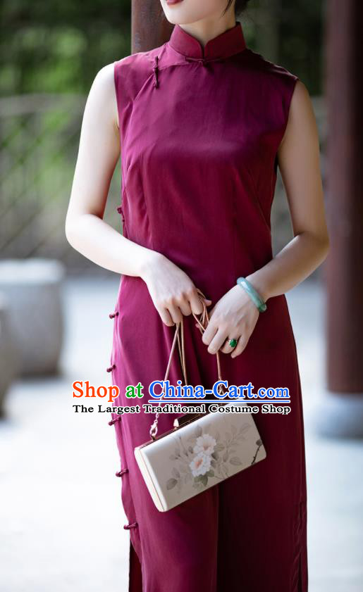 Traditional Chinese National Wine Red Silk Qipao Dress Tang Suit Cheongsam Costume for Women