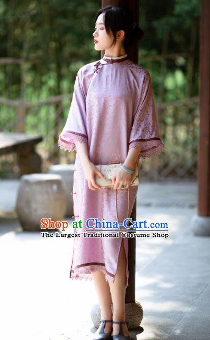 Traditional Chinese National Lilac Lace Qipao Dress Tang Suit Cheongsam Costume for Women