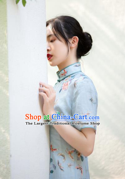Traditional Chinese National Printing Butterfly Light Blue Flax Qipao Dress Tang Suit Cheongsam Costume for Women