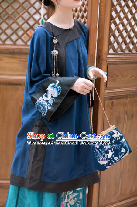 Chinese Traditional Tang Suit Navy Silk Blouse National Costume Republic of China Qipao Upper Outer Garment for Women