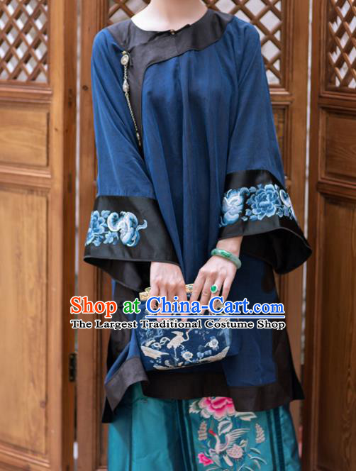 Chinese Traditional Tang Suit Navy Silk Blouse National Costume Republic of China Qipao Upper Outer Garment for Women