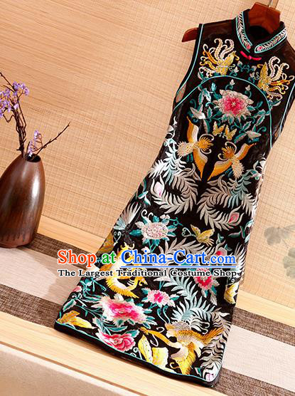Traditional Chinese National Embroidered Peony Phoenix Black Qipao Dress Tang Suit Cheongsam Costume for Women