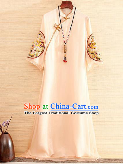 Traditional Chinese National Embroidered Dragon Apricot Organza Qipao Dress Tang Suit Cheongsam Costume for Women
