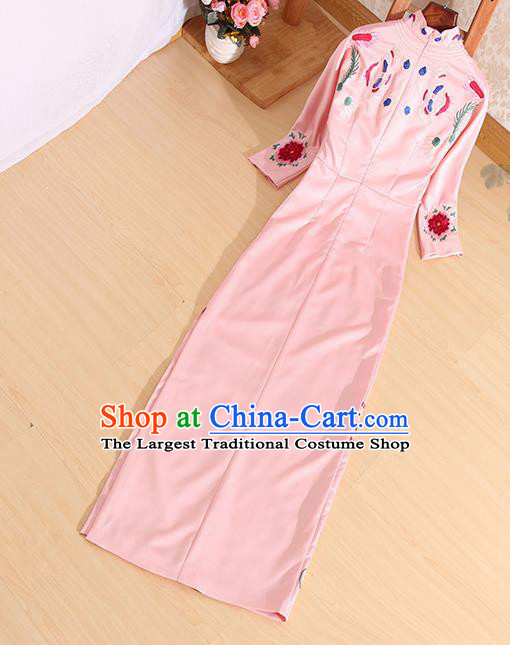 Traditional Chinese National Embroidered Pink Brocade Qipao Dress Tang Suit Cheongsam Costume for Women