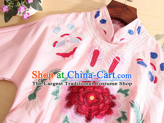 Traditional Chinese National Embroidered Pink Brocade Qipao Dress Tang Suit Cheongsam Costume for Women