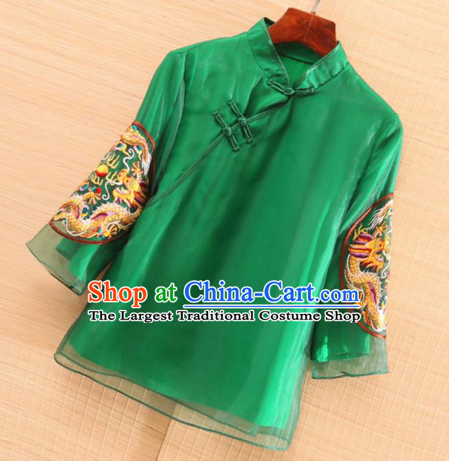 Chinese Traditional Tang Suit Embroidered Dragon Green Organza Blouse National Costume Qipao Upper Outer Garment for Women
