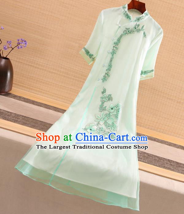 Chinese Traditional Tang Suit Embroidered Light Green Cheongsam National Costume Qipao Dress for Women