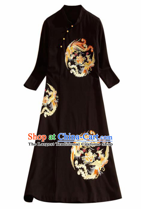 Traditional Chinese National Embroidered Phoenix Peony Black Qipao Dress Tang Suit Cheongsam Costume for Women