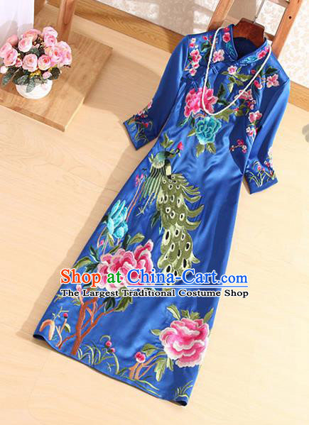Traditional Chinese National Embroidered Peacock Peony Royalblue Qipao Dress Tang Suit Cheongsam Costume for Women