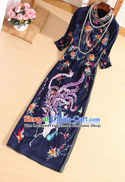 Traditional Chinese National Embroidered Phoenix Navy Qipao Dress Tang Suit Cheongsam Costume for Women