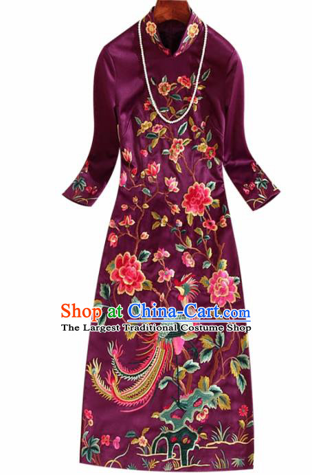 Traditional Chinese National Embroidered Phoenix Peony Purple Qipao Dress Tang Suit Cheongsam Costume for Women