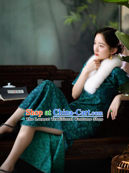 Traditional Chinese National Deep Green Silk Qipao Dress Tang Suit Cheongsam Costume for Women