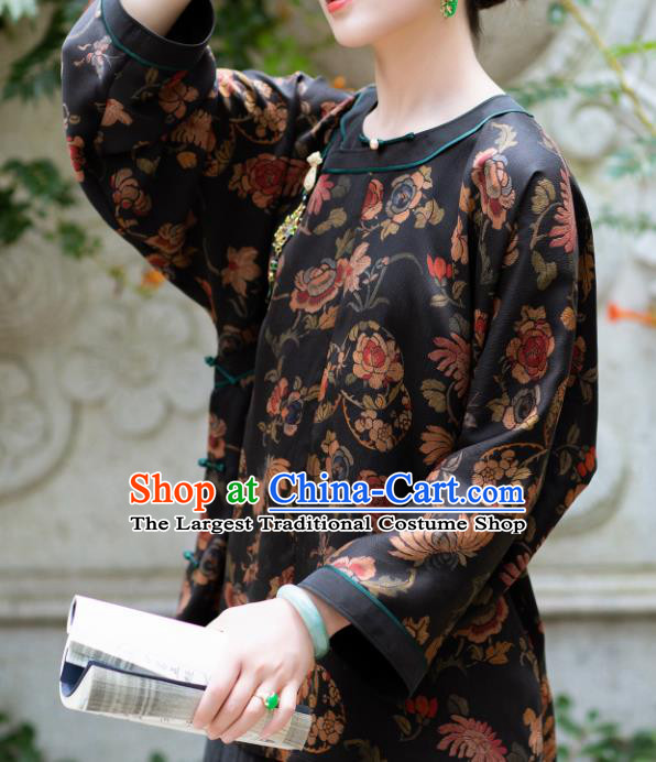 Chinese Traditional Tang Suit Printing Black Silk Blouse National Costume Republic of China Qipao Upper Outer Garment for Women