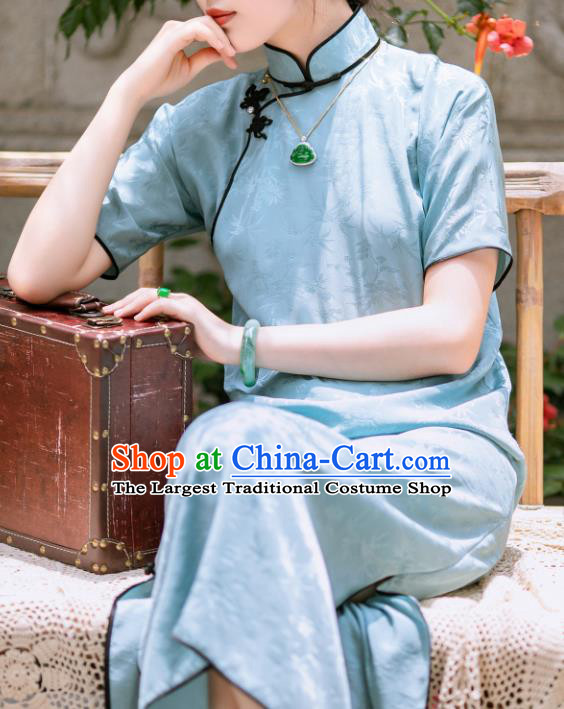 Traditional Chinese Late Qing Dynasty Blue Silk Qipao Dress National Tang Suit Cheongsam Costume for Women