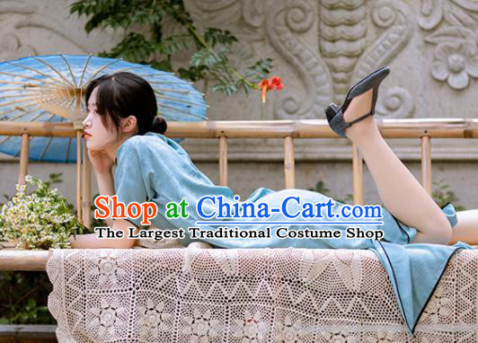 Traditional Chinese Late Qing Dynasty Blue Silk Qipao Dress National Tang Suit Cheongsam Costume for Women