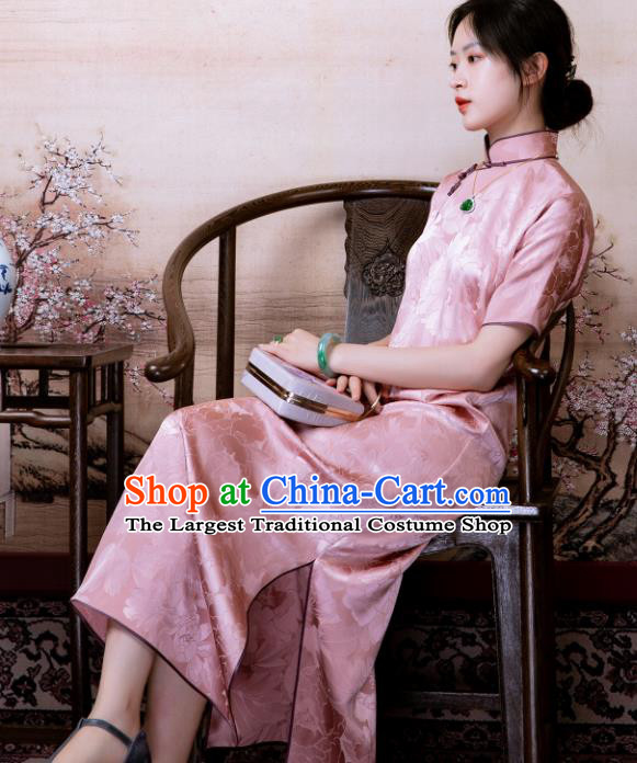 Traditional Chinese Late Qing Dynasty Deep Pink Silk Qipao Dress National Tang Suit Cheongsam Costume for Women