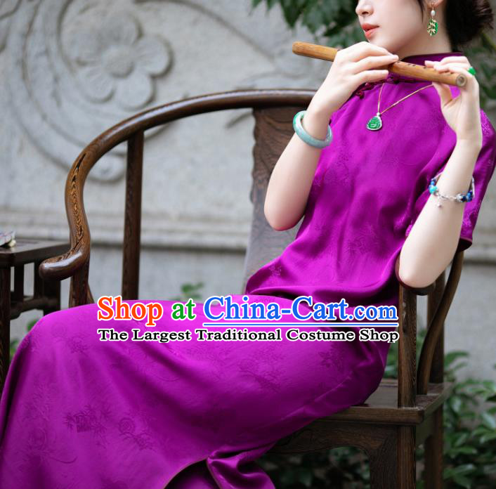 Traditional Chinese Late Qing Dynasty Deep Purple Silk Qipao Dress National Tang Suit Cheongsam Costume for Women