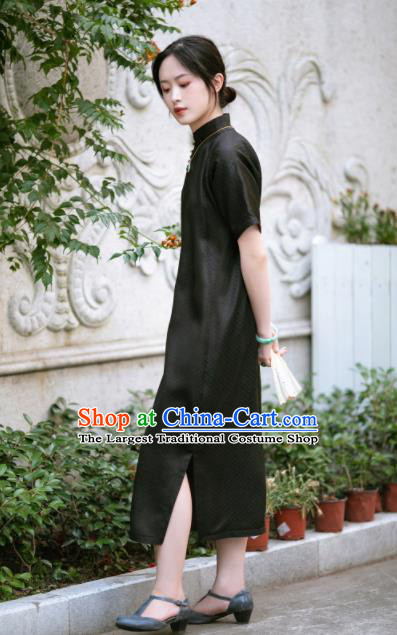 Chinese Traditional Tang Suit Black Silk Blouse National Costume Republic of China Qipao Upper Outer Garment for Women