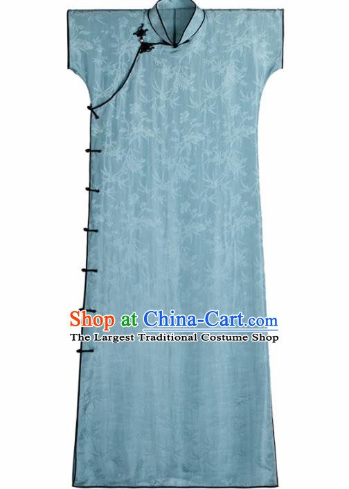 Traditional Chinese Late Qing Dynasty Light Blue Silk Qipao Dress National Tang Suit Cheongsam Costume for Women
