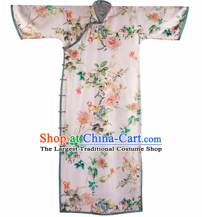 Traditional Chinese Printing White Silk Qipao Dress National Tang Suit Cheongsam Costume for Women