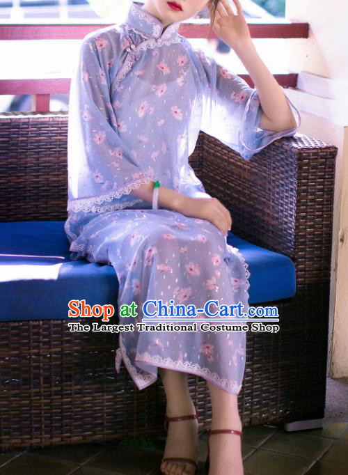 Traditional Chinese Printing Violet Qipao Dress National Tang Suit Cheongsam Costume for Women