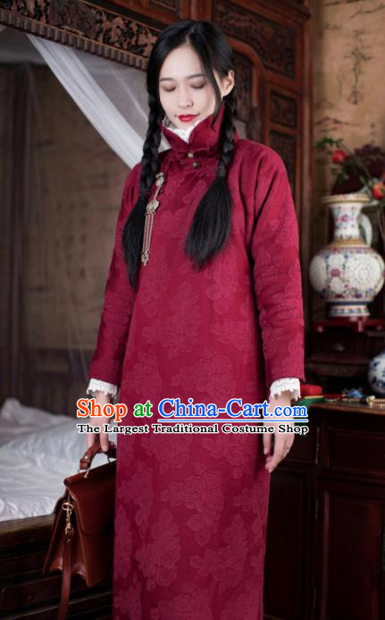 Traditional Chinese Winter Wine Red Qipao Dress National Tang Suit Cheongsam Costume for Women