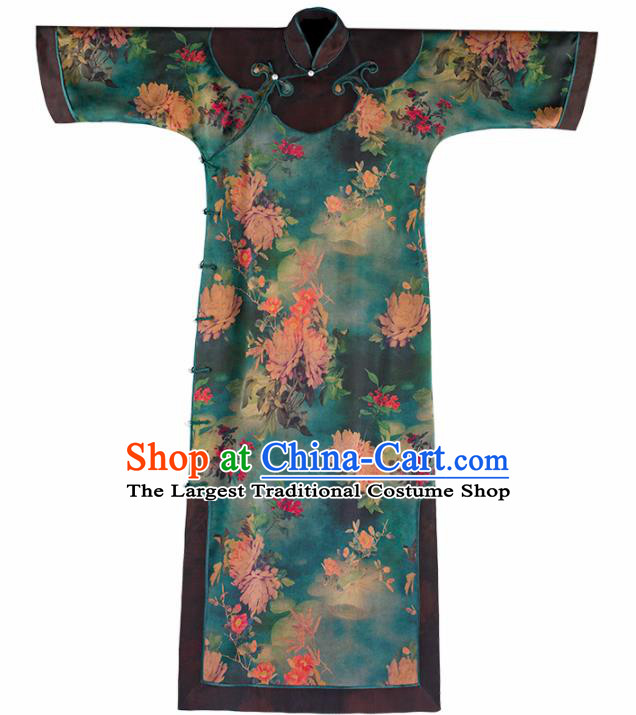 Traditional Chinese Printing Peony Green Silk Qipao Dress National Tang Suit Cheongsam Costume for Women