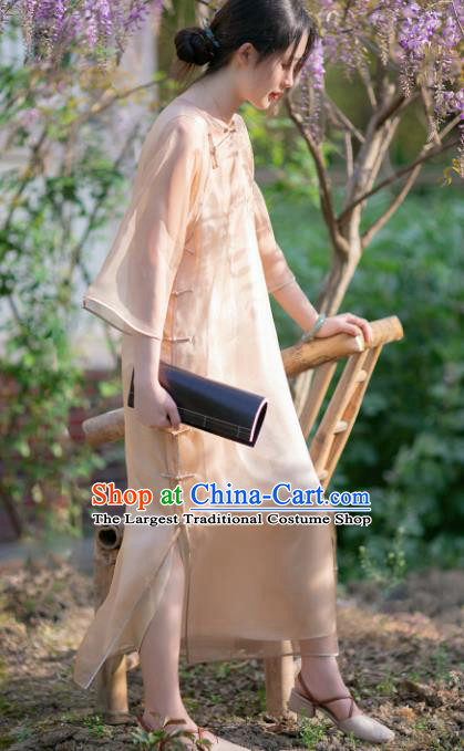 Traditional Chinese Apricot Organza Qipao Dress National Tang Suit Cheongsam Costume for Women