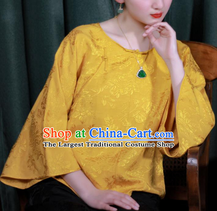 Chinese Traditional Tang Suit Golden Brocade Blouse National Costume Republic of China Qipao Upper Outer Garment for Women