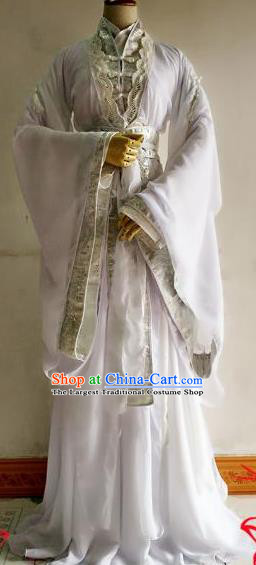 Chinese Traditional Cosplay Crown Prince Costume Ancient Taoist Swordsman White Hanfu Clothing for Men