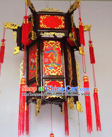 Chinese Traditional Printing Phoenix Carving Rosewood Palace Lantern Asian New Year Handmade Lantern Ancient Lamp