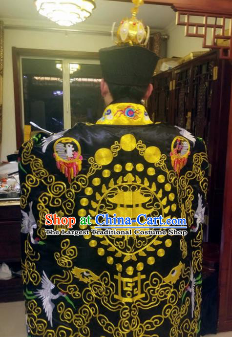 Chinese Traditional Taoism Costume Ancient Taoist Priest Cassocks Embroidered Crane Black Vestment