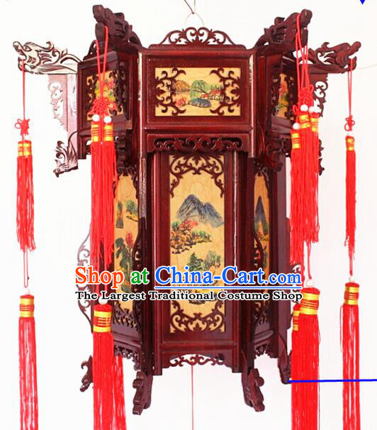 Chinese Traditional Handmade Carving Rosewood Landscape Painting Palace Lantern Asian New Year Lantern Ancient Lamp