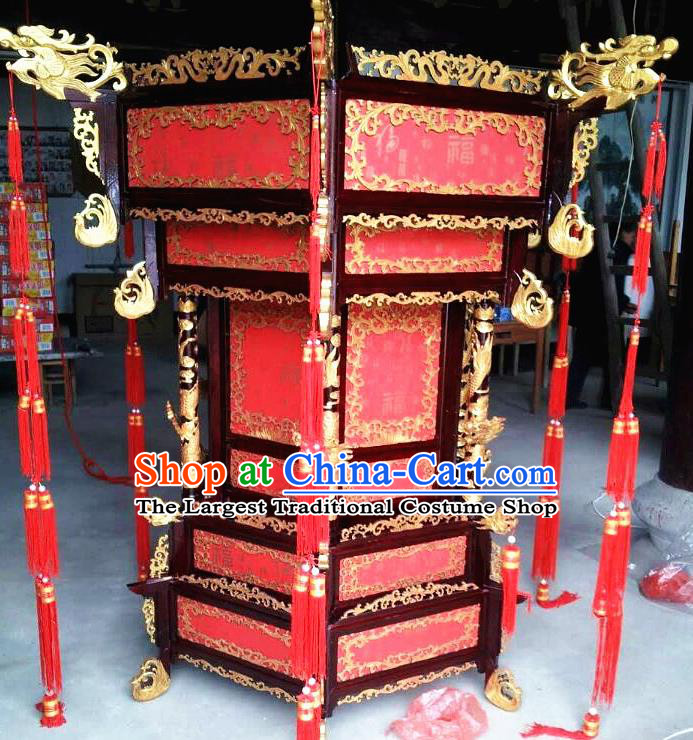 Chinese Traditional Handmade Carving Dragons Wood Red Palace Lantern Asian New Year Lantern Ancient Ceiling Lamp