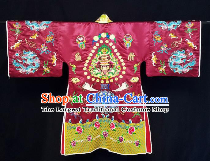 Chinese Ancient Taoist Priest Embroidered Dragon Crane Purplish Red Cassocks Traditional Taoism Vestment Costume