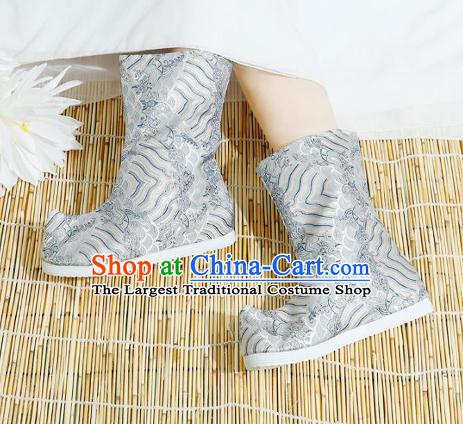 Chinese National Grey Boots Hanfu Shoes Traditional Princess Shoes Embroidered Crane Shoes for Women