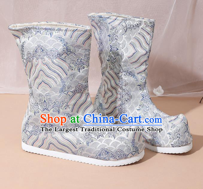 Chinese National Grey Boots Hanfu Shoes Traditional Princess Shoes Embroidered Crane Shoes for Women