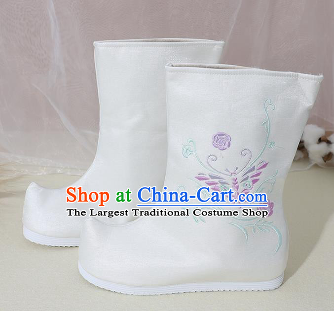 Chinese National Embroidered Butterfly White Boots Hanfu Shoes Traditional Princess Shoes Ancient Shoes for Women