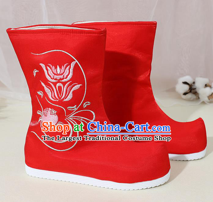 Chinese National Embroidered Flower Red Boots Hanfu Shoes Traditional Princess Shoes Ancient Shoes for Women