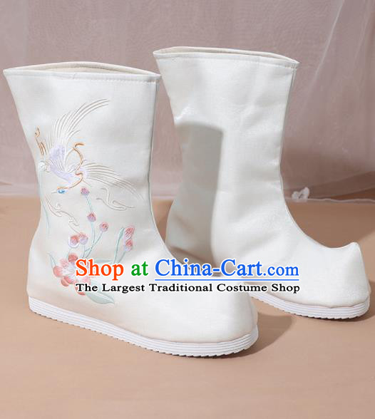 Chinese National White Boots Hanfu Shoes Traditional Princess Shoes Embroidered Crane Shoes for Women