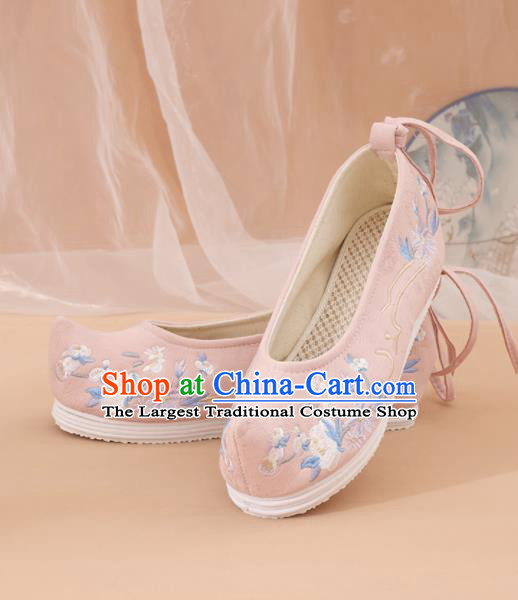 Traditional Chinese National Embroidered Pink Shoes Ancient Princess Shoes Handmade Hanfu Shoes for Women