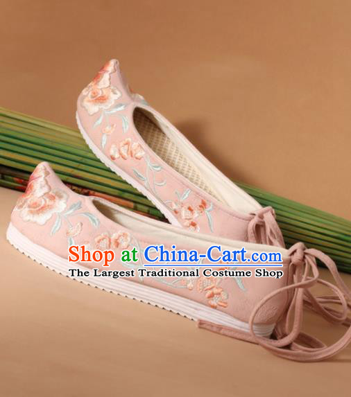Traditional Chinese National Embroidered Peony Pink Shoes Ancient Princess Shoes Handmade Hanfu Shoes for Women