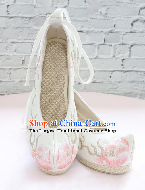 Traditional Chinese National Embroidered Peony High Heels White Shoes Ancient Princess Shoes Handmade Hanfu Shoes for Women